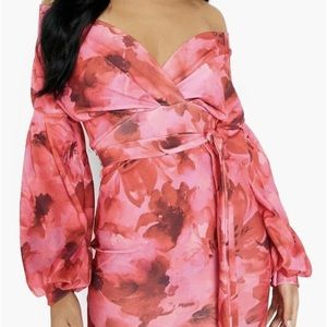 BOOHOO TALL OFF THE SHOULDER FLORAL MIDI DRESS, Size 6